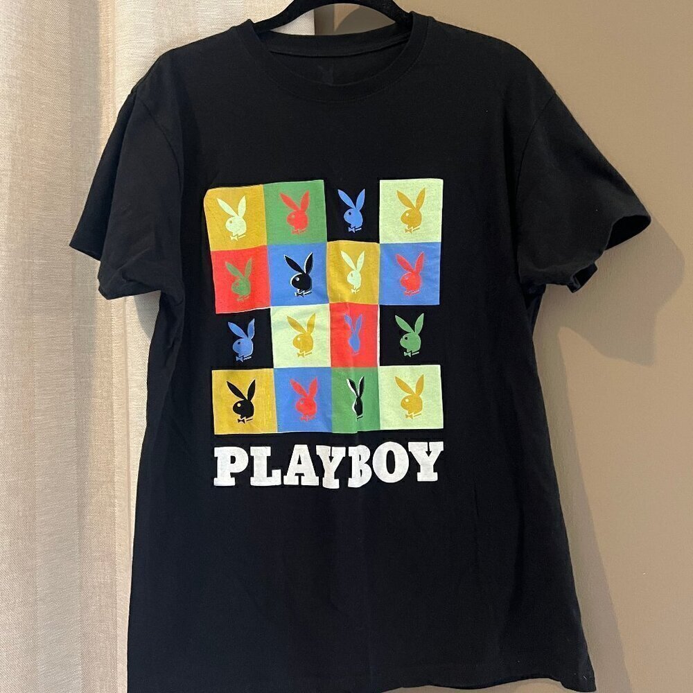 Men's Playboy Black Multicolor Short sleeve T-shirt Logo, Size Large